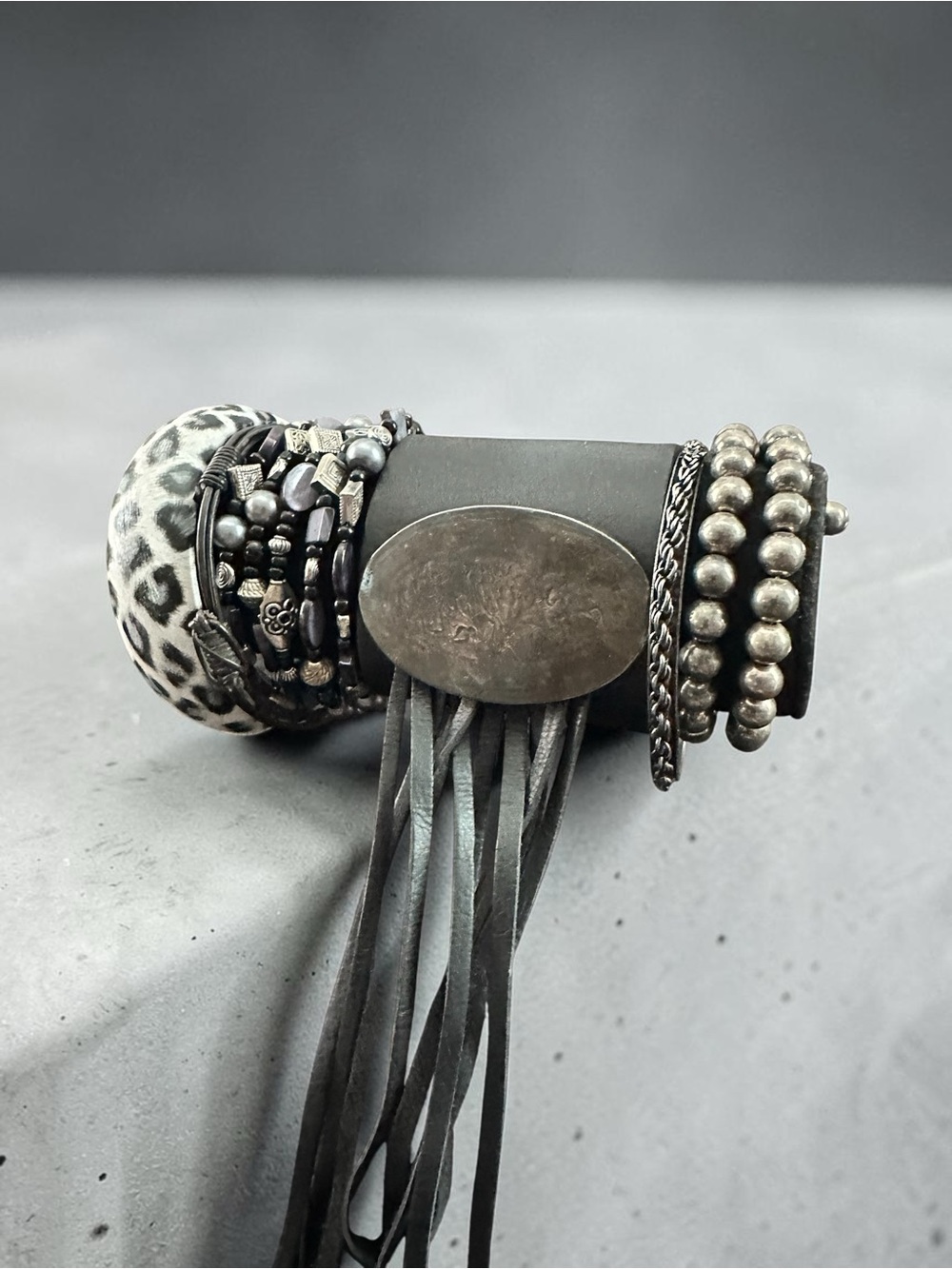 Boho Mixed Media Leather Cuff Bracelet Stack Silver Bead Fringe Animal Print